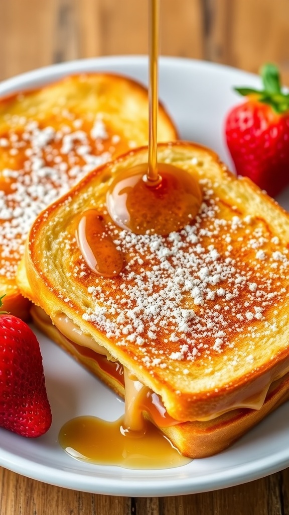 Delicious French toast made from Uncrustables, topped with powdered sugar and served with maple syrup and a strawberry.